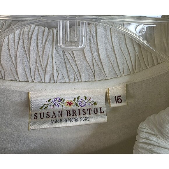 80s Susan Bristol Size 16 Pleated Collar Blouse Long Puff Sleeves Flowy Romantic - Picture 5 of 12